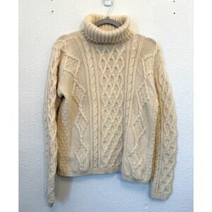 Callan Ireland 100% Merino Wool Cable Knit Sweater Turtleneck M Cream Fisherman